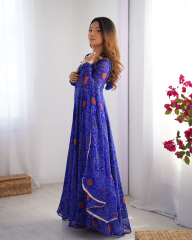 Pure Soft Light Weight Bandhej Fully Flaired Gown, Dupatta and Pent Set Ready to Wear Fully Stitched-Royal Blue