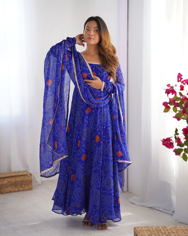 Pure Soft Light Weight Bandhej Fully Flaired Gown, Dupatta and Pent Set Ready to Wear Fully Stitched-Royal Blue
