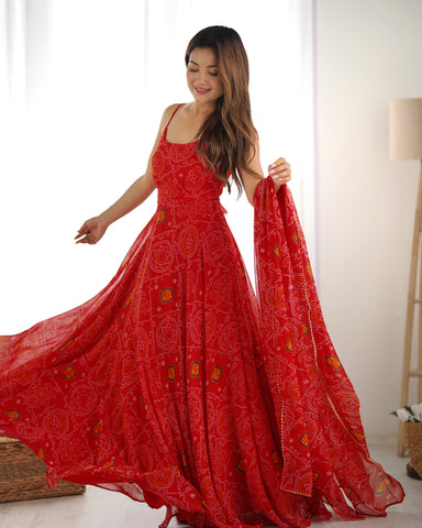 Designer Soft Chiffon Bandhej Fully Flared Gown Set