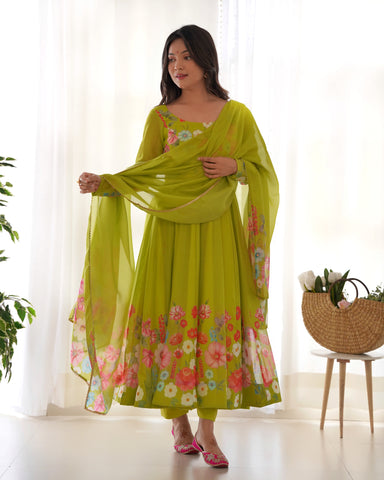 PURE SOFT ORGANJA SILK FABRIC FULLY FLAIR KALI PATTERN AND CANVAS PATTA WITH DUPPTA SET ,PENT READY TO WEAR-LIRIL