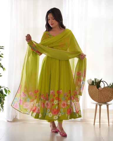 PURE SOFT ORGANJA SILK FABRIC FULLY FLAIR KALI PATTERN AND CANVAS PATTA WITH DUPPTA SET ,PENT READY TO WEAR-LIRIL