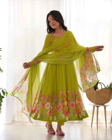 PURE SOFT ORGANJA SILK FABRIC FULLY FLAIR KALI PATTERN AND CANVAS PATTA WITH DUPPTA SET ,PENT READY TO WEAR-LIRIL