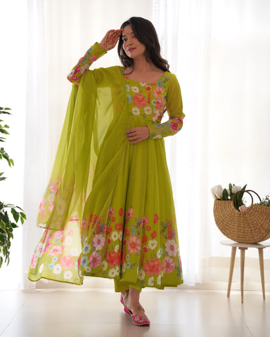 PURE SOFT ORGANJA SILK FABRIC FULLY FLAIR KALI PATTERN AND CANVAS PATTA WITH DUPPTA SET ,PENT READY TO WEAR-LIRIL