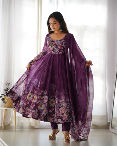 Wine Color Digitally Printed Pure Soft Organza Anarkali Suit With Huge Flair Comes With Duppatta & Pant