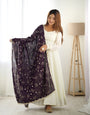 Pure Soft Vichitra  Silk Fabric Fully Flair Kali Pattern and Canvas Patta With Dupatta Set, Pent Ready To Wear - Dark Purple