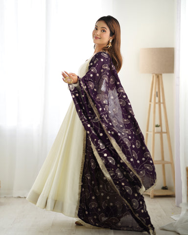 Pure Soft Vichitra  Silk Fabric Fully Flair Kali Pattern and Canvas Patta With Dupatta Set, Pent Ready To Wear - Dark Purple