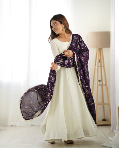 Pure Soft Vichitra  Silk Fabric Fully Flair Kali Pattern and Canvas Patta With Dupatta Set, Pent Ready To Wear - Dark Purple