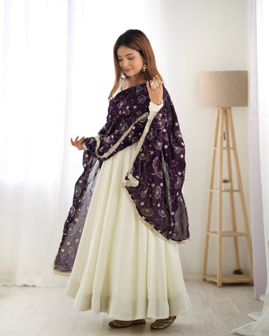 Pure Soft Vichitra  Silk Fabric Fully Flair Kali Pattern and Canvas Patta With Dupatta Set, Pent Ready To Wear - Dark Purple