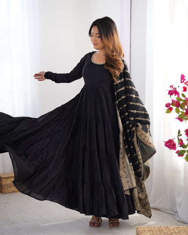 Pure Roman Silk Chanderi Fabric Fully Flared Anarkali Suit With Pent and Dupatta Set - Black