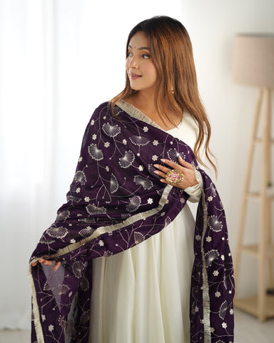 Pure Soft Vichitra  Silk Fabric Fully Flair Kali Pattern and Canvas Patta With Dupatta Set, Pent Ready To Wear - Dark Purple