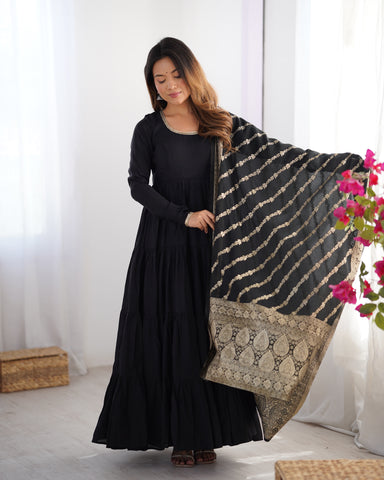 Pure Roman Silk Chanderi Fabric Fully Flared Anarkali Suit With Pent and Dupatta Set - Black