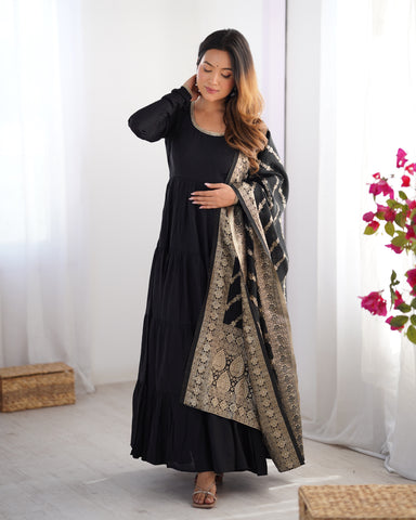 Pure Roman Silk Chanderi Fabric Fully Flared Anarkali Suit With Pent and Dupatta Set - Black