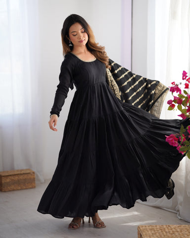 Pure Roman Silk Chanderi Fabric Fully Flared Anarkali Suit With Pent and Dupatta Set - Black