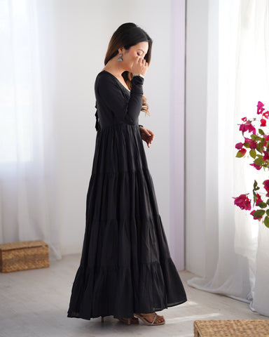 Pure Roman Silk Chanderi Fabric Fully Flared Anarkali Suit With Pent and Dupatta Set - Black