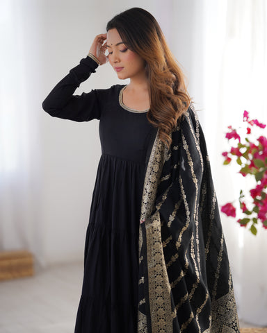 Pure Roman Silk Chanderi Fabric Fully Flared Anarkali Suit With Pent and Dupatta Set - Black