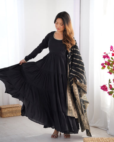 Pure Roman Silk Chanderi Fabric Fully Flared Anarkali Suit With Pent and Dupatta Set - Black