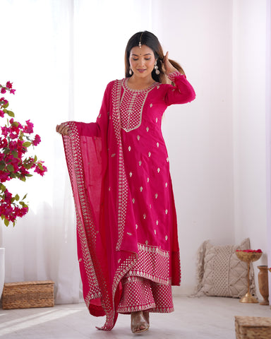 Beautiful Pure Chinon Silk Fabric Straight Fit Kurta, Dupatta With Trouser Set - Pink
