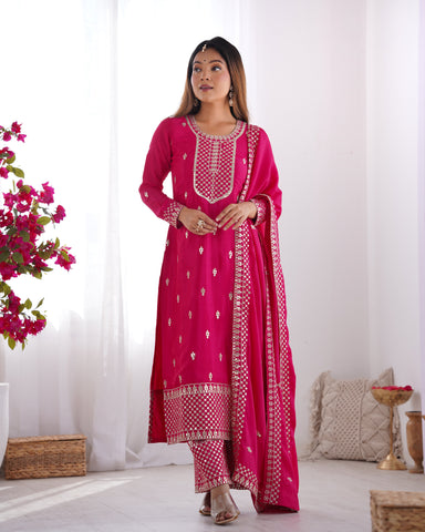 Beautiful Pure Chinon Silk Fabric Straight Fit Kurta, Dupatta With Trouser Set - Pink