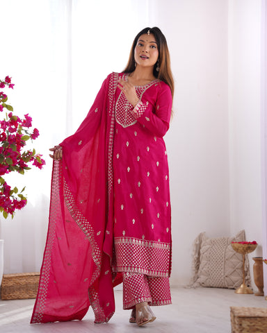 Beautiful Pure Chinon Silk Fabric Straight Fit Kurta, Dupatta With Trouser Set - Pink