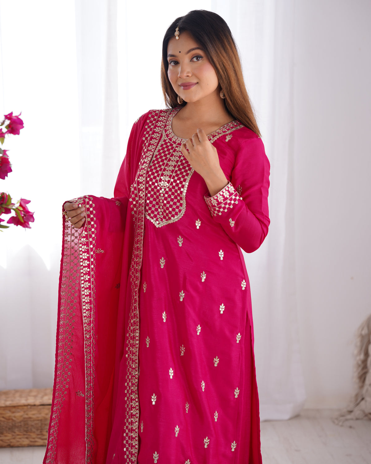 Beautiful Pure Chinon Silk Fabric Straight Fit Kurta, Dupatta With Trouser Set - Pink