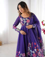 Pure Soft Organza Silk Fabric Fully Flair Kali Pattern and Canvas Patta With Dupatta Set ,Pent Ready to Wear - Purple