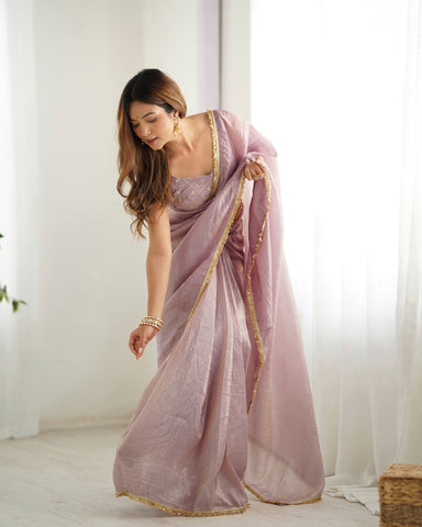 Ready To Wear Pre Draped Ready To Wear Saree With Full Stitched Blouse Premium Gold Crush Tissue Silk Fabric -Light Dusty Mauve