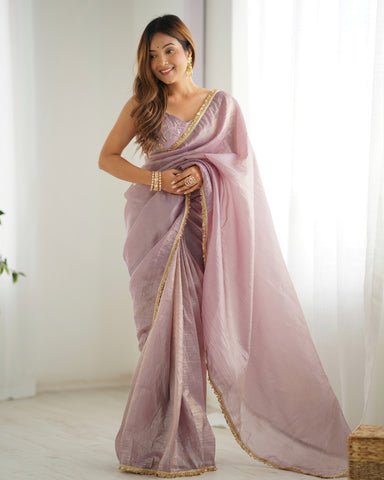 Ready To Wear Pre Draped Ready To Wear Saree With Full Stitched Blouse Premium Gold Crush Tissue Silk Fabric -Light Dusty Mauve