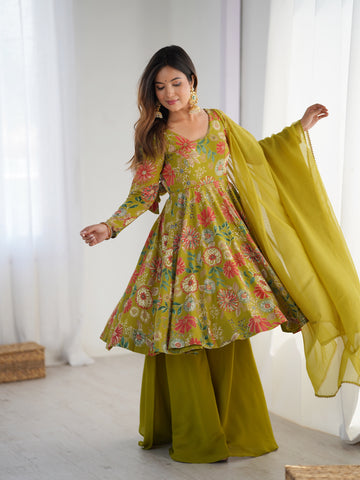 The Charm of Vibrant Traditions Yellow Top & Palazzo Suit Set - Mehendi