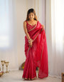 Ready To Wear Pre Drapped Saree With Full Stitched Blouse Premium Gold Crush Tissue Silk Fabric -Rani Color