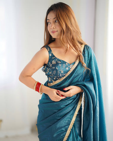 Ready To Wear Pre Draped Ready To Wear Saree With Full Stitched Blouse Premium Gold Crush Tissue Silk Fabric - Teal Blue