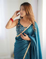 Ready To Wear Pre Draped Ready To Wear Saree With Full Stitched Blouse Premium Gold Crush Tissue Silk Fabric - Teal Blue