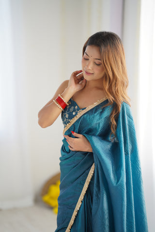 Ready To Wear Pre Draped Ready To Wear Saree With Full Stitched Blouse Premium Gold Crush Tissue Silk Fabric - Teal Blue