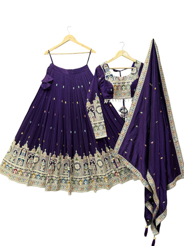 Dark Purple Pure Vichitra Silk Fabric Lehenga Set With Cancan & Canvas Patta