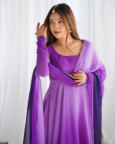 Dark Pink Pure Soft Fox Georgette Anarkali Suit Set With Huge Flair, Dupatta & Pant - Purple