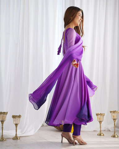 Dark Pink Pure Soft Fox Georgette Anarkali Suit Set With Huge Flair, Dupatta & Pant - Purple