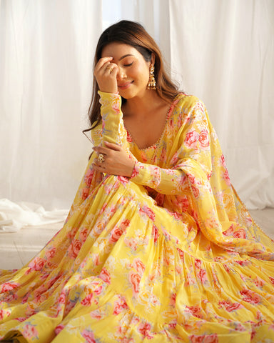 Digitally Printed Pure Soft Faux Georgette Anarkali Suit With Huge Flair Comes With Duppatta & Pant-YELLOW