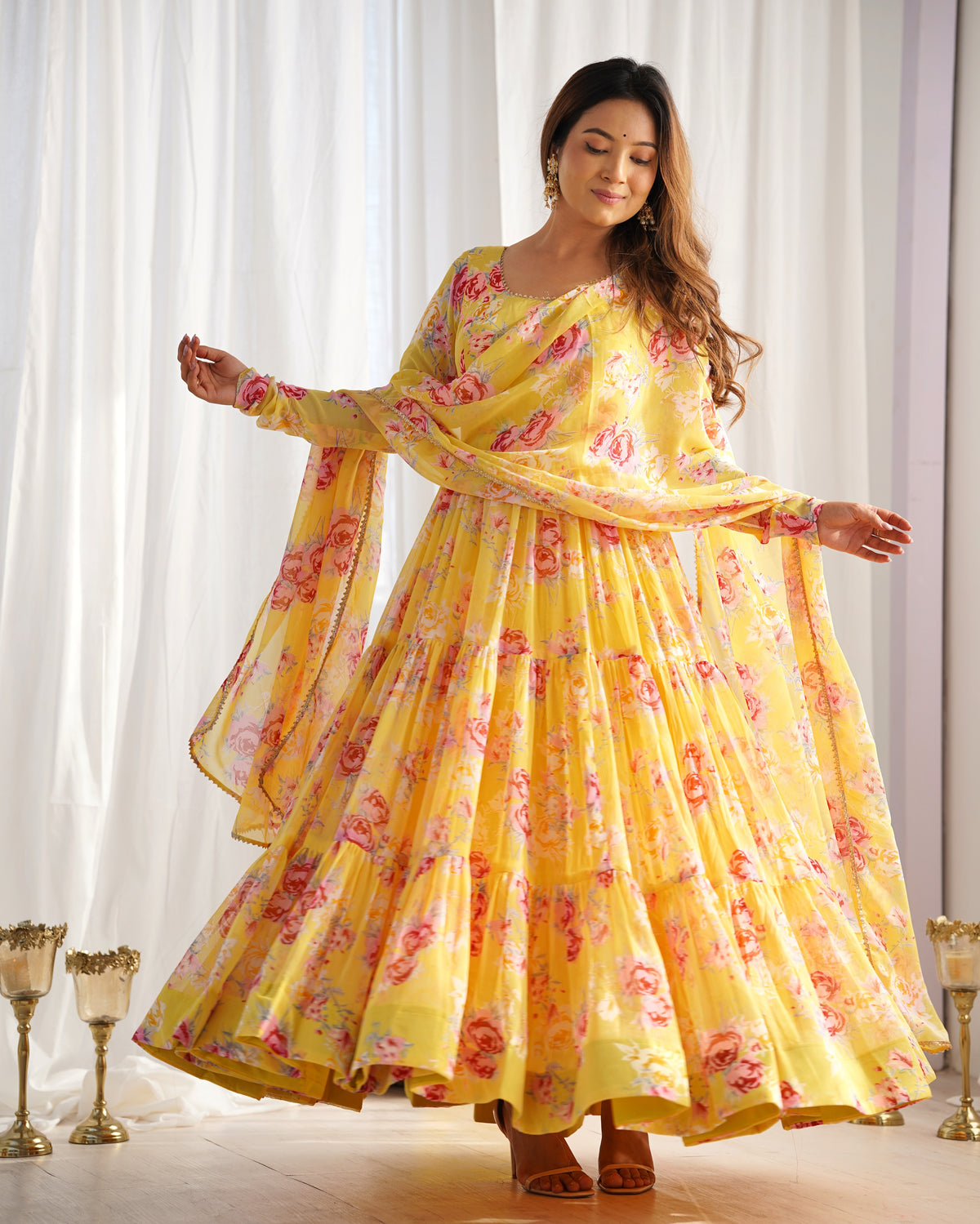 Digitally Printed Pure Soft Faux Georgette Anarkali Suit With Huge Flair Comes With Duppatta & Pant-YELLOW