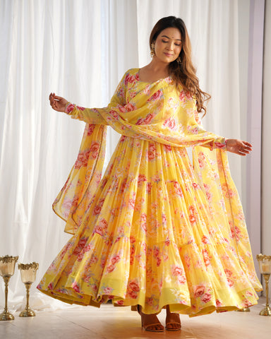 Digitally Printed Pure Soft Faux Georgette Anarkali Suit With Huge Flair Comes With Duppatta & Pant-YELLOW