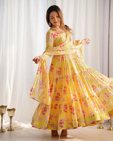 Digitally Printed Pure Soft Faux Georgette Anarkali Suit With Huge Flair Comes With Duppatta & Pant-YELLOW