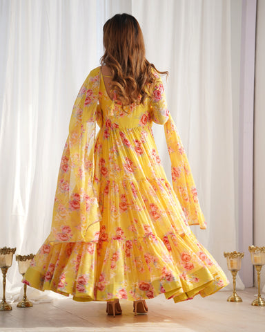 Digitally Printed Pure Soft Faux Georgette Anarkali Suit With Huge Flair Comes With Duppatta & Pant-YELLOW