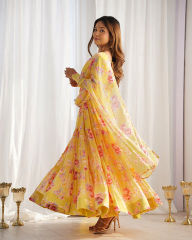 Digitally Printed Pure Soft Faux Georgette Anarkali Suit With Huge Flair Comes With Duppatta & Pant-YELLOW