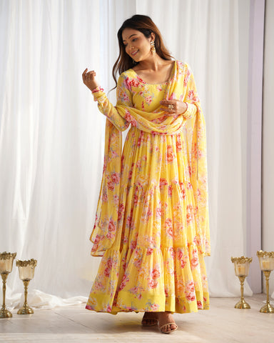 Digitally Printed Pure Soft Faux Georgette Anarkali Suit With Huge Flair Comes With Duppatta & Pant-YELLOW