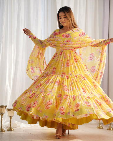 Digitally Printed Pure Soft Faux Georgette Anarkali Suit With Huge Flair Comes With Duppatta & Pant-YELLOW