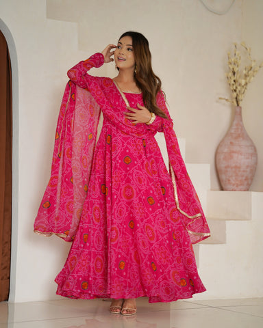 Pure Soft Light Weight Bandhej Fully Flaired Gown, Dupatta and Pent Set Ready to Wear Fully Stitched-Rani