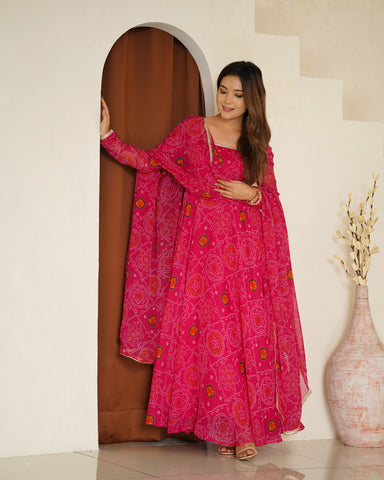 Pure Soft Light Weight Bandhej Fully Flaired Gown, Dupatta and Pent Set Ready to Wear Fully Stitched-Rani