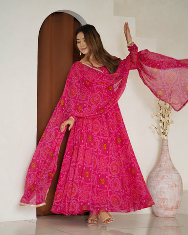 Pure Soft Light Weight Bandhej Fully Flaired Gown, Dupatta and Pent Set Ready to Wear Fully Stitched-Rani