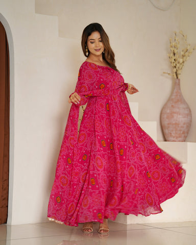 Pure Soft Light Weight Bandhej Fully Flaired Gown, Dupatta and Pent Set Ready to Wear Fully Stitched-Rani