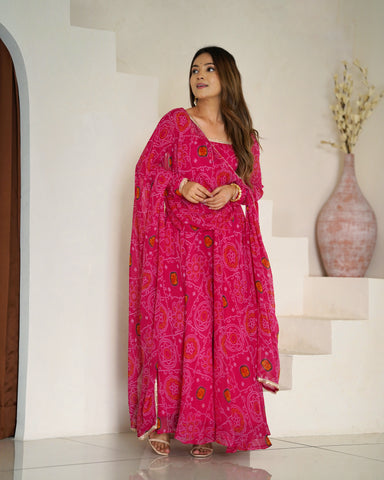 Pure Soft Light Weight Bandhej Fully Flaired Gown, Dupatta and Pent Set Ready to Wear Fully Stitched-Rani