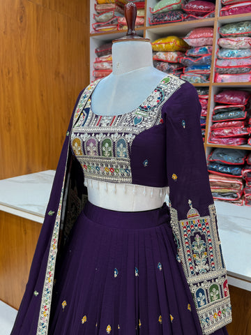 Dark Purple Pure Vichitra Silk Fabric Lehenga Set With Cancan & Canvas Patta