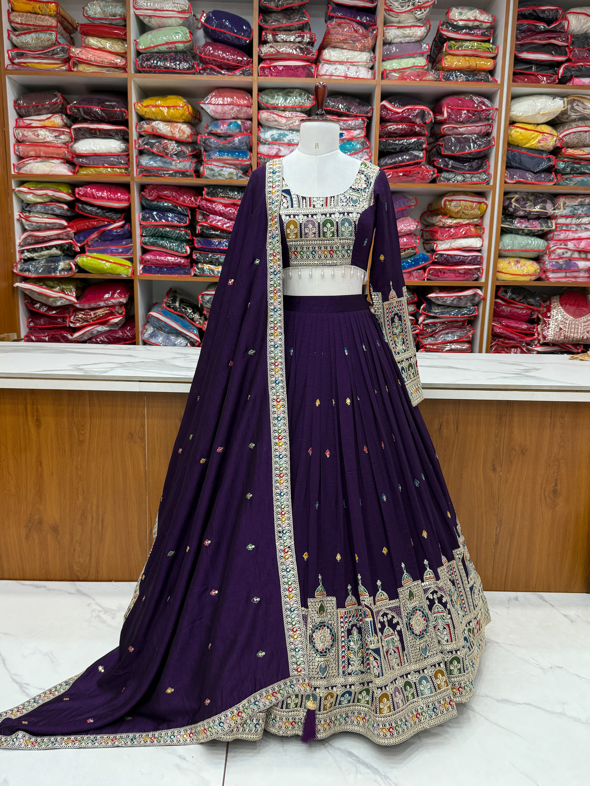 Dark Purple Pure Vichitra Silk Fabric Lehenga Set With Cancan & Canvas Patta